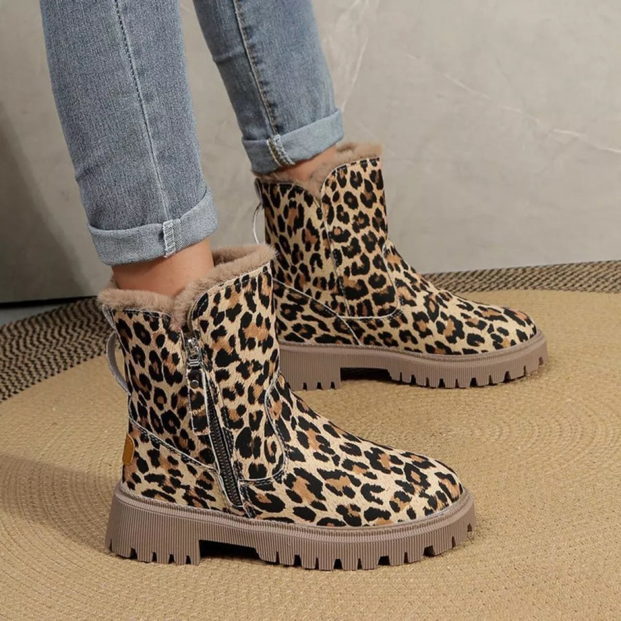 Leopard Print Fur Lined Ankle Boots Apparel and Accessories