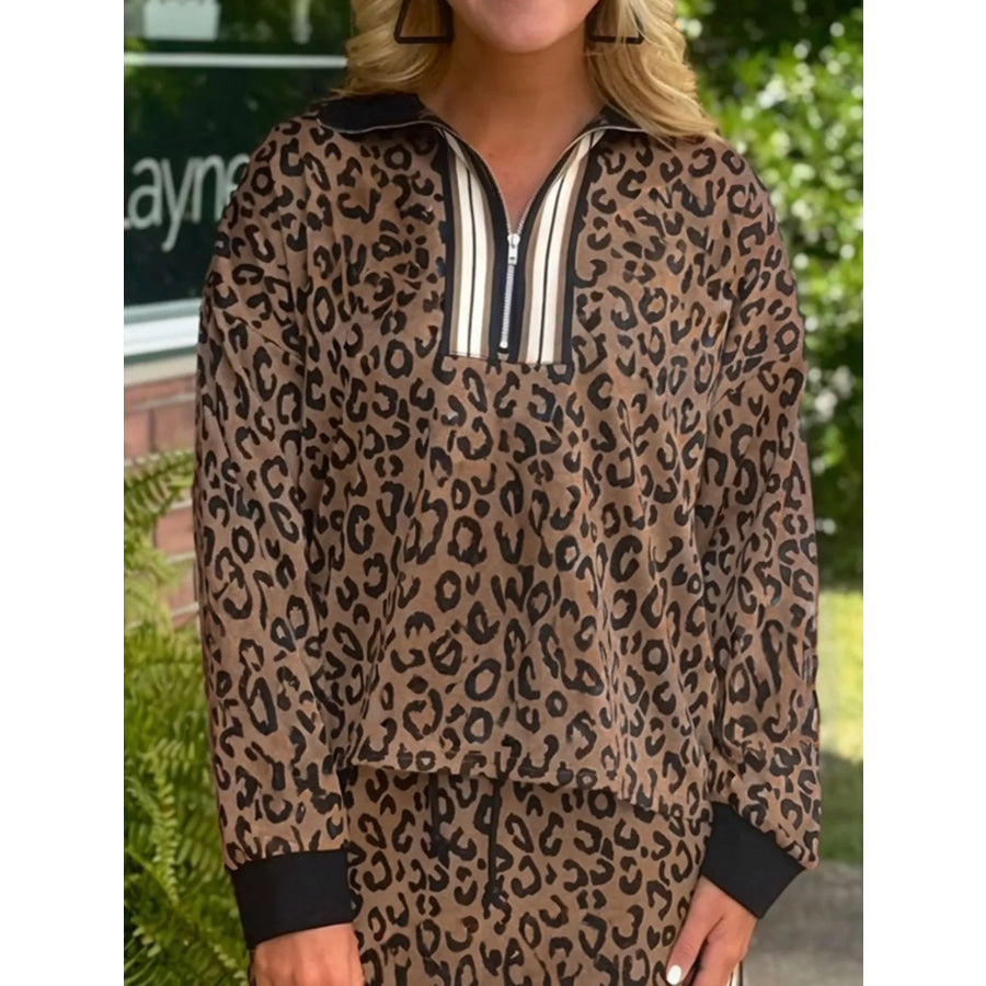 Leopard Print Half Zip Pullover & Drawstring Skirt Set Apparel and Accessories