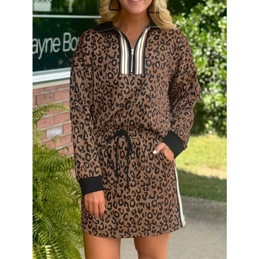 Leopard Print Half Zip Pullover & Drawstring Skirt Set Leopard / S Apparel and Accessories