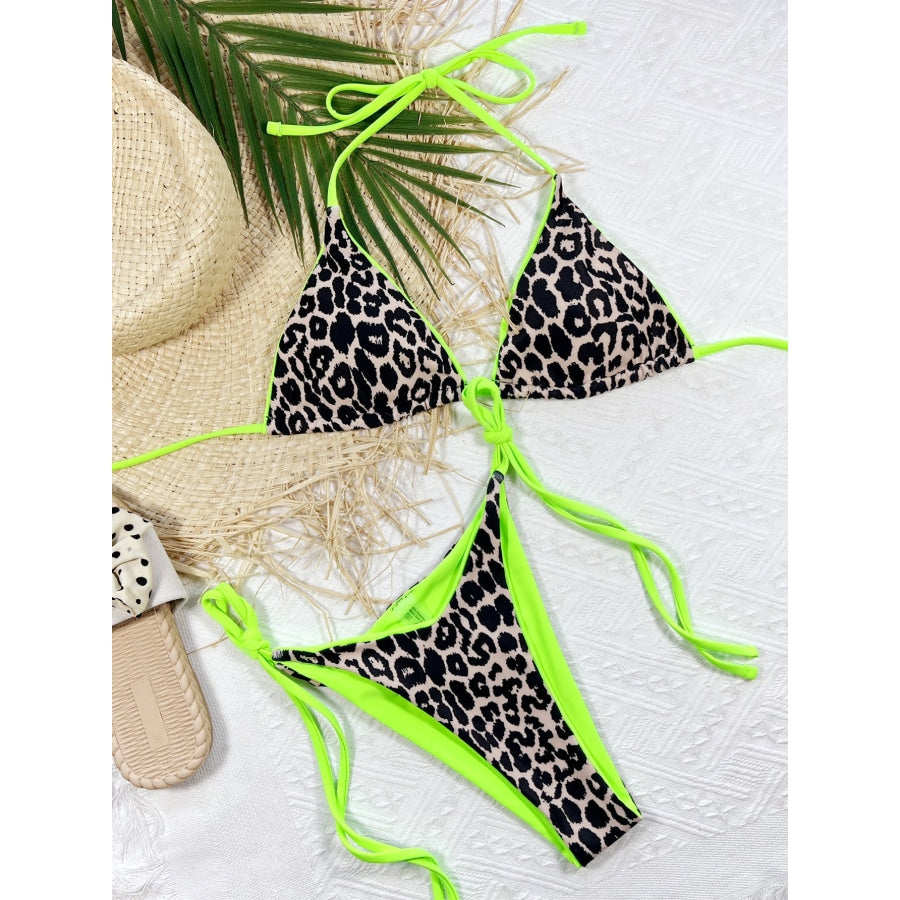 Leopard Print Halter Neck Tie Side Bikini Set