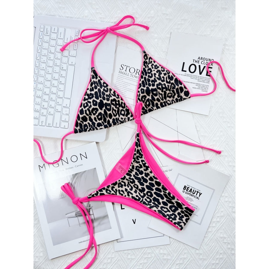 Leopard Print Halter Neck Tie Side Bikini Set