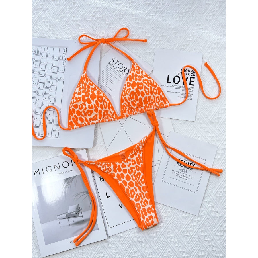 Leopard Print Halter Neck Tie Side Bikini Set