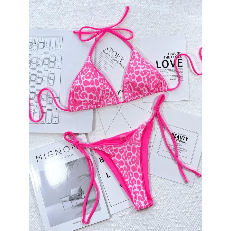 Leopard Print Halter Neck Tie Side Bikini Set Hot Pink / S