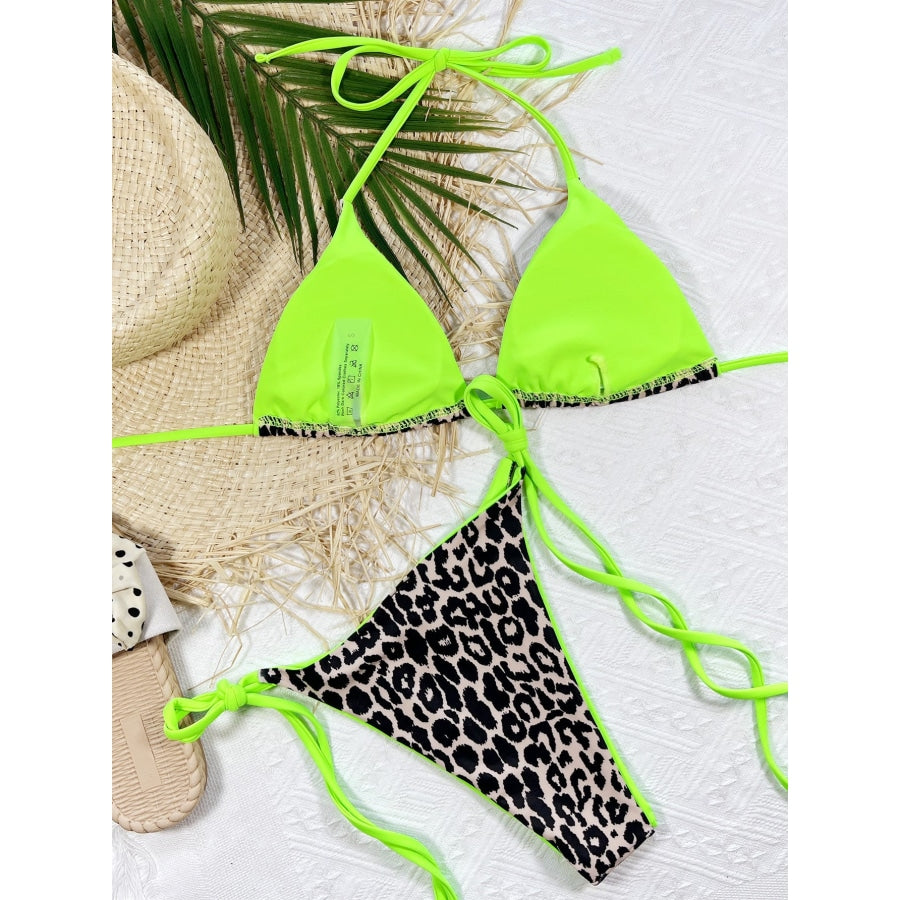 Leopard Print Halter Neck Tie Side Bikini Set