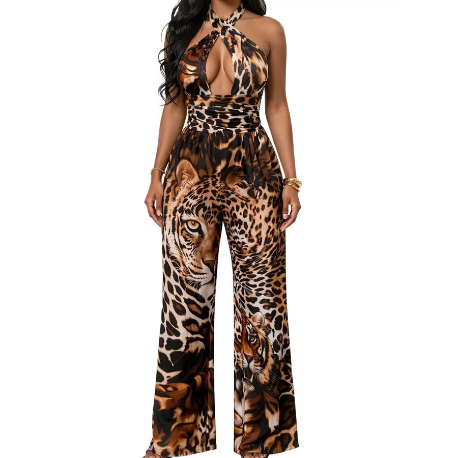 Leopard Print Halter Neck Wide-Leg Jumpsuit Apparel and Accessories
