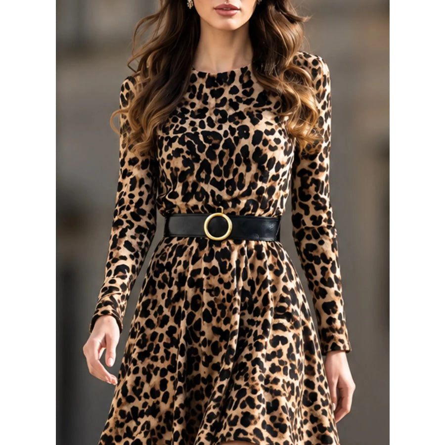 Leopard Print High-Low Long Sleeve Dress Apparel and Accessories