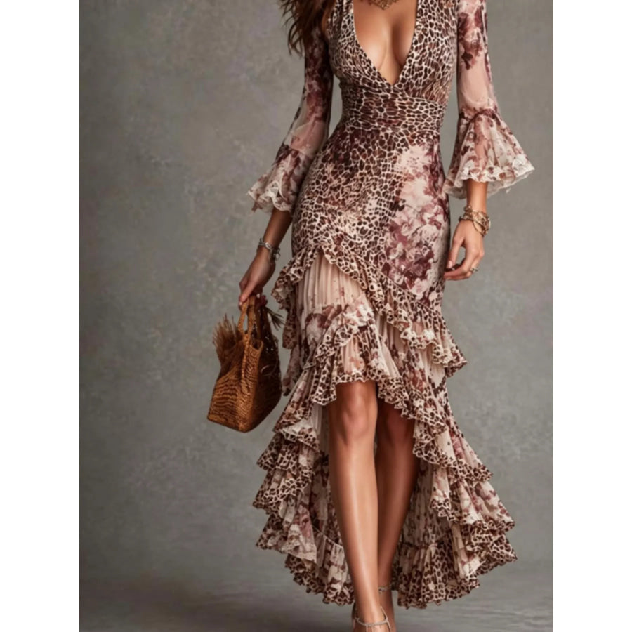 Leopard Print High-Low Ruffle Hem Maxi Dress Apparel and Accessories