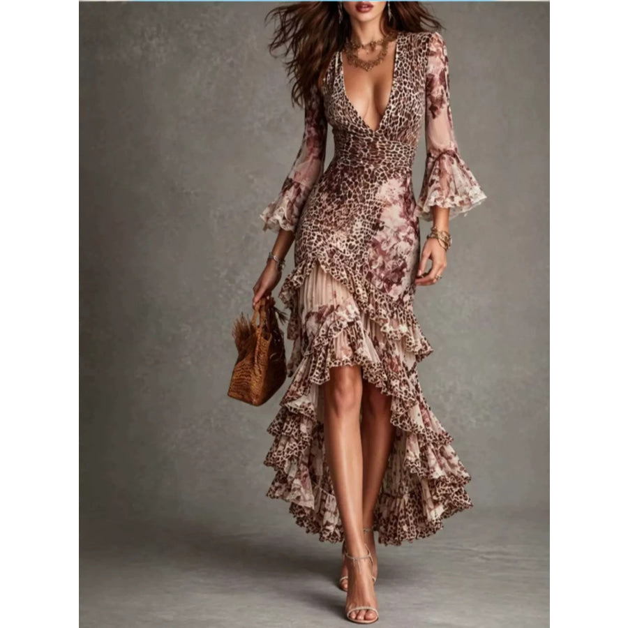 Leopard Print High-Low Ruffle Hem Maxi Dress Dusty Pink / S Apparel and Accessories