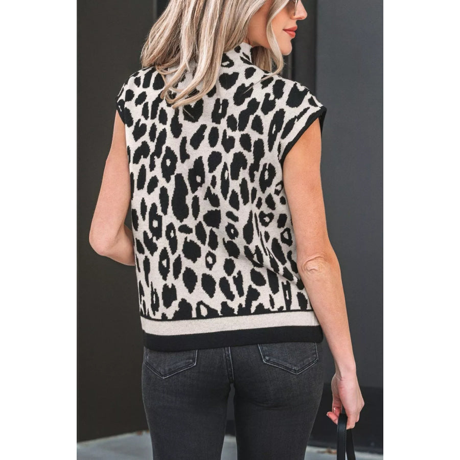 Leopard Print High Neck Short Sleeve Sweater Apparel and Accessories