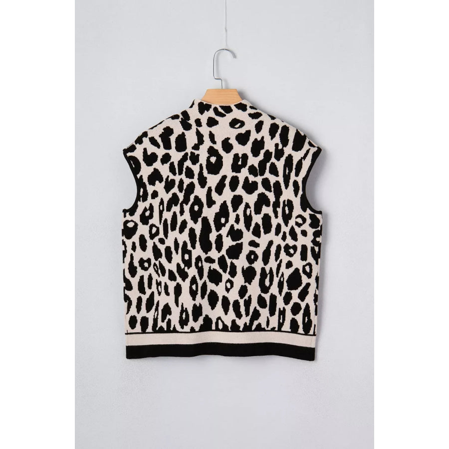 Leopard Print High Neck Short Sleeve Sweater Apparel and Accessories