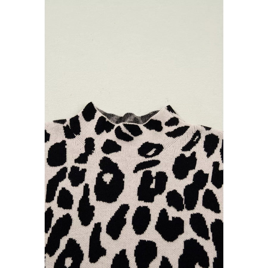 Leopard Print High Neck Short Sleeve Sweater Apparel and Accessories