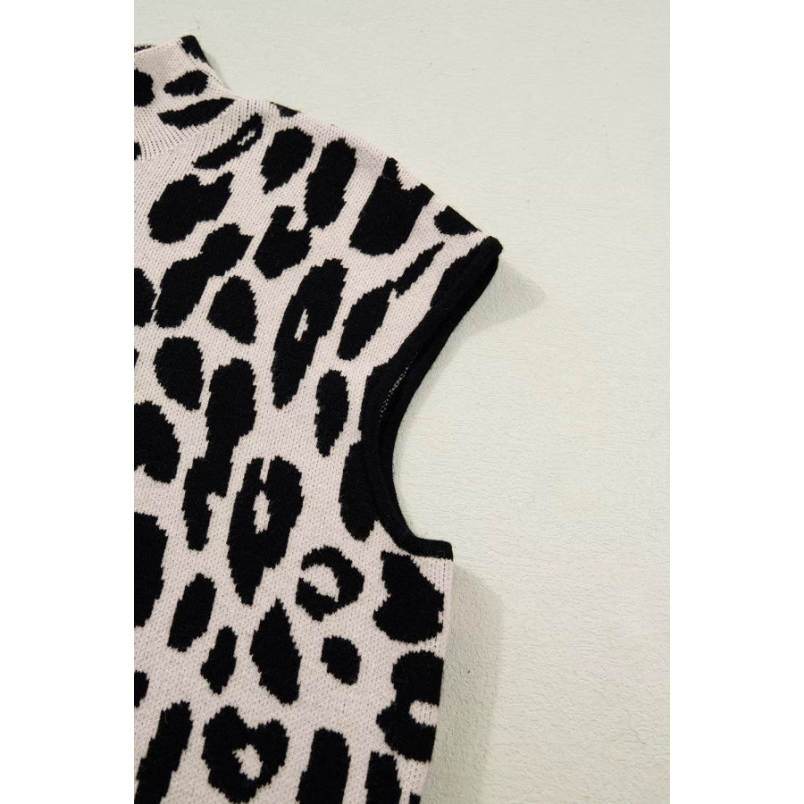 Leopard Print High Neck Short Sleeve Sweater Apparel and Accessories