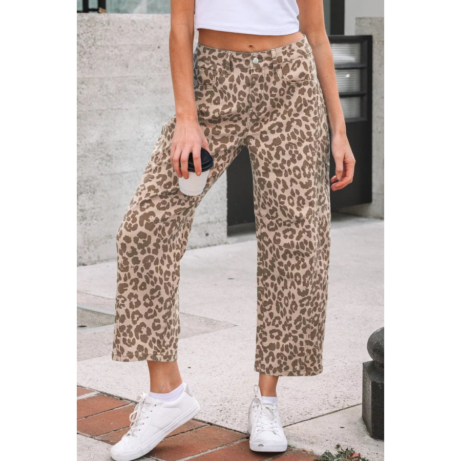 Leopard Print High-Waisted Cropped Jeans Apparel and Accessories