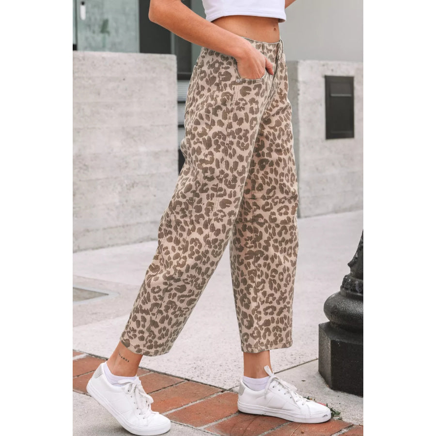 Leopard Print High-Waisted Cropped Jeans Apparel and Accessories