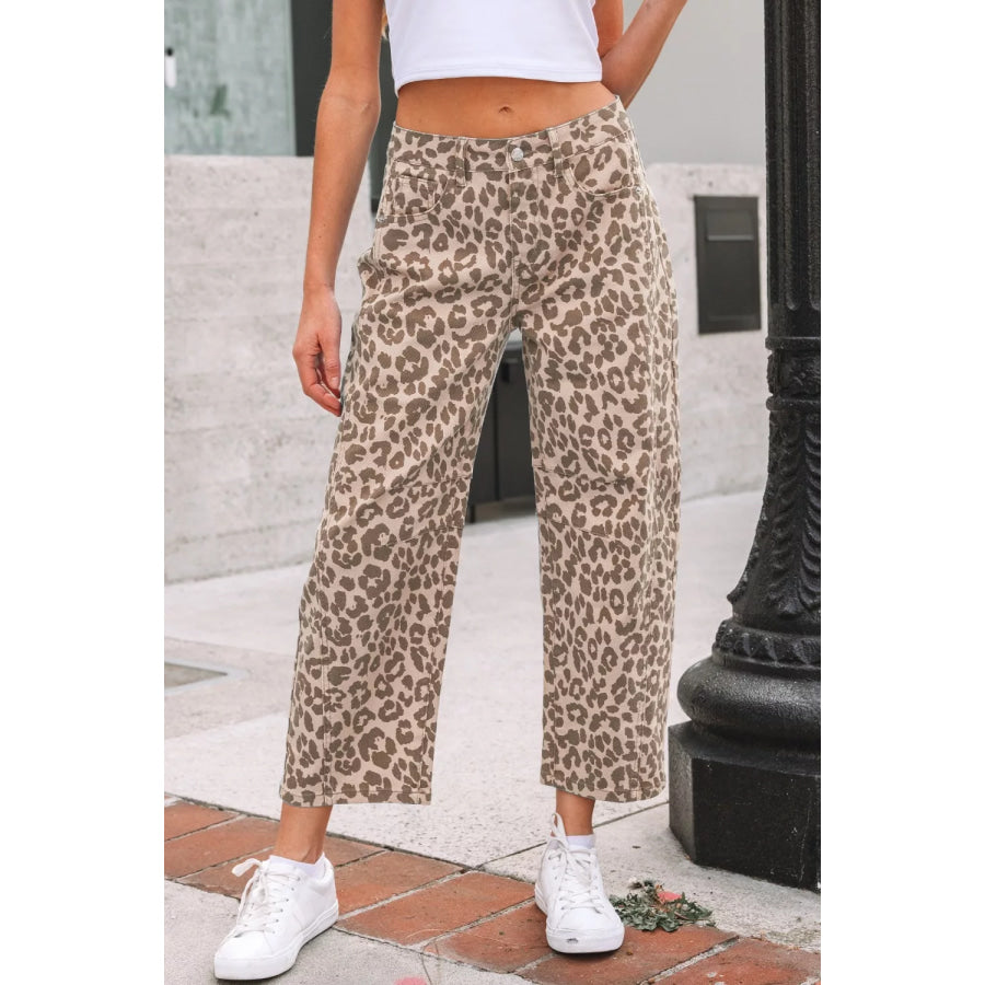 Leopard Print High-Waisted Cropped Jeans Apparel and Accessories