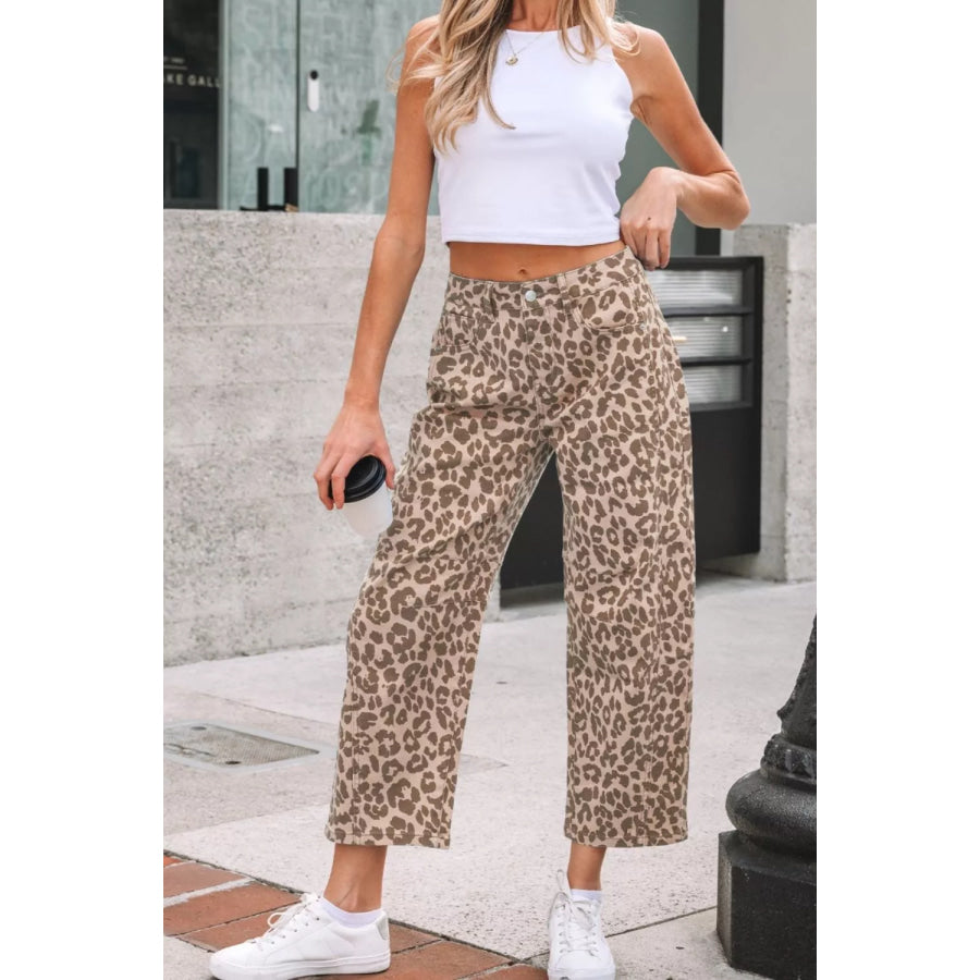 Leopard Print High-Waisted Cropped Jeans Apparel and Accessories