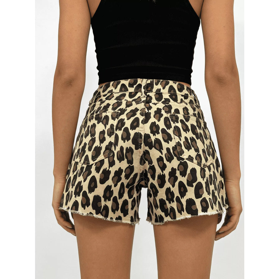 Leopard Print High-Waisted Denim Shorts Apparel and Accessories