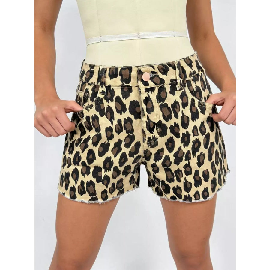 Leopard Print High-Waisted Denim Shorts Apparel and Accessories
