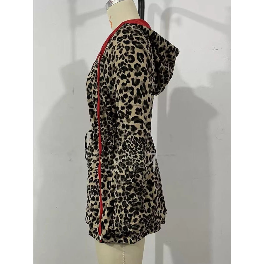 Leopard Print Hooded Drawstring Waist Outerwear Apparel and Accessories