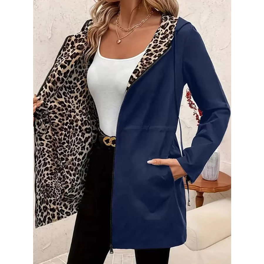 Leopard Print Hooded Drawstring Waist Outerwear Apparel and Accessories
