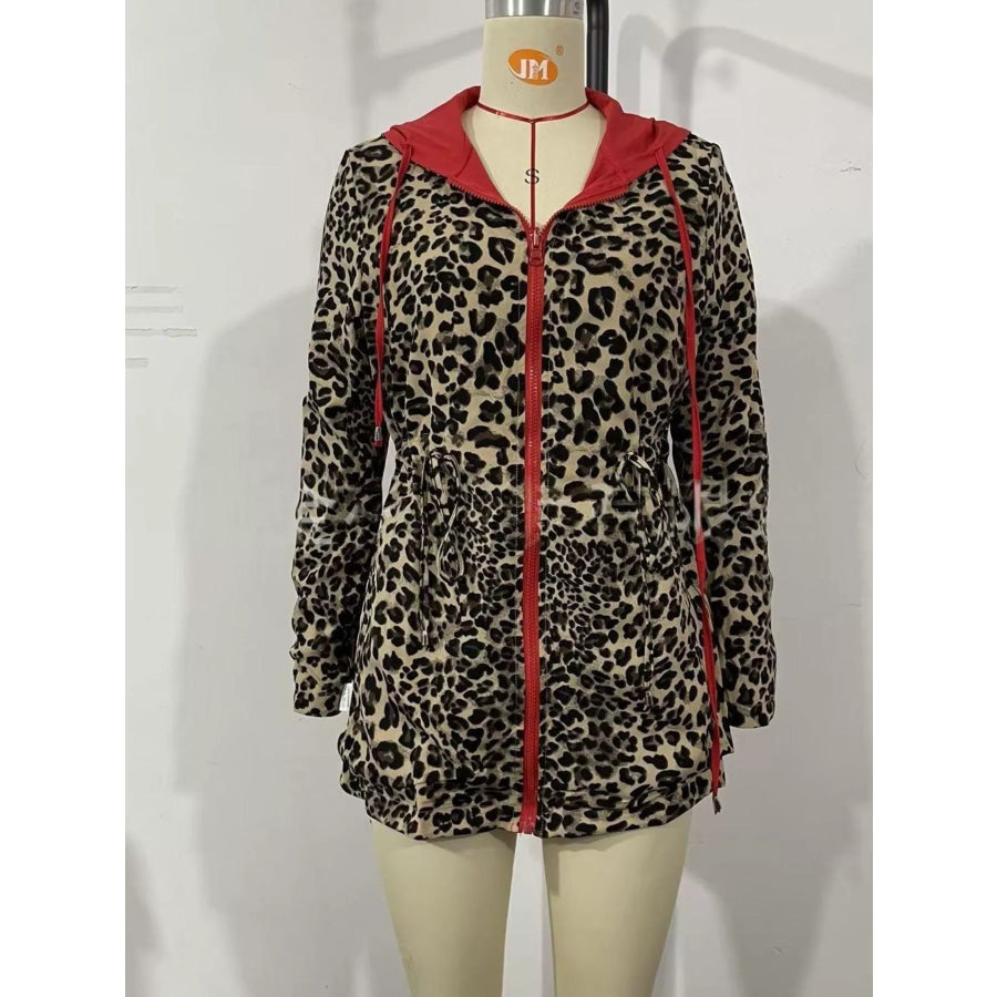 Leopard Print Hooded Drawstring Waist Outerwear Apparel and Accessories