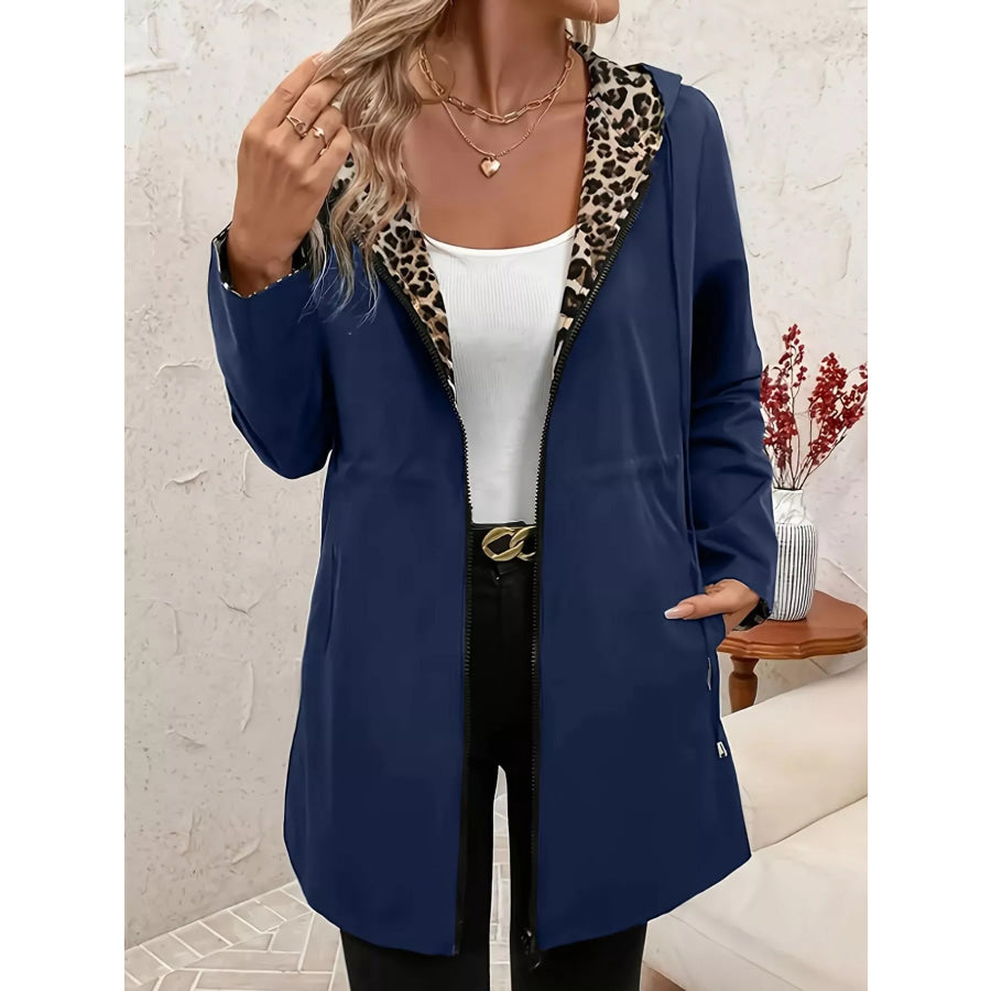 Leopard Print Hooded Drawstring Waist Outerwear Apparel and Accessories