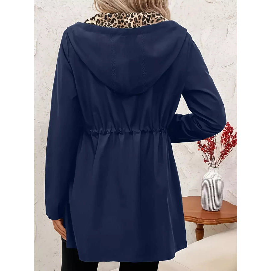 Leopard Print Hooded Drawstring Waist Outerwear Apparel and Accessories