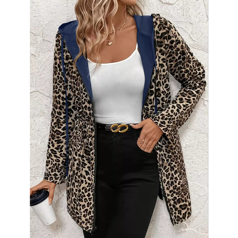 Leopard Print Hooded Drawstring Waist Outerwear Apparel and Accessories