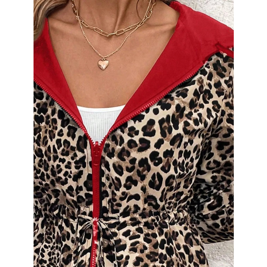 Leopard Print Hooded Drawstring Waist Outerwear Apparel and Accessories