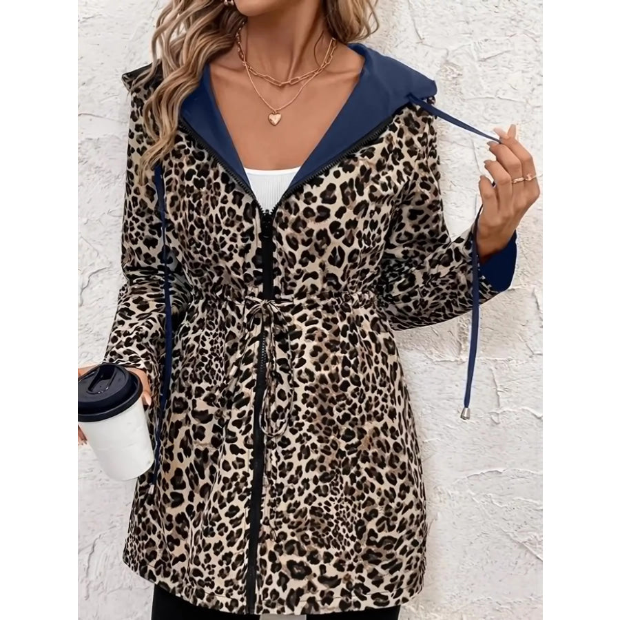 Leopard Print Hooded Drawstring Waist Outerwear Navy / S Apparel and Accessories