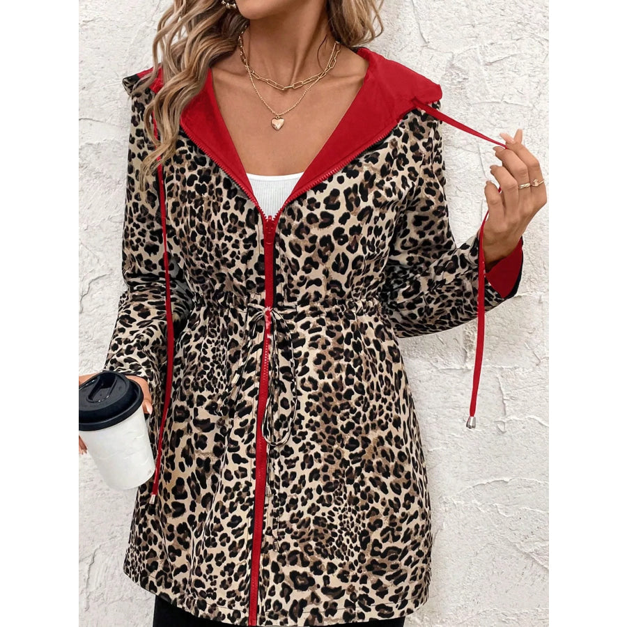 Leopard Print Hooded Drawstring Waist Outerwear Red / S Apparel and Accessories