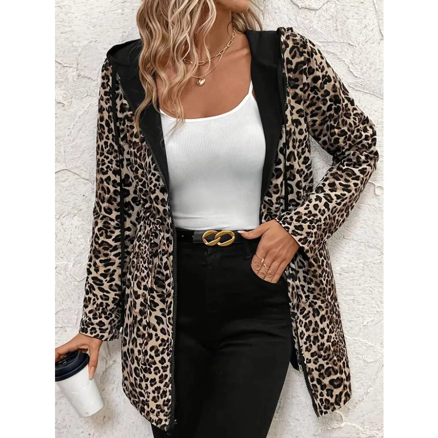 Leopard Print Hooded Drawstring Waist Outerwear / S Apparel and Accessories