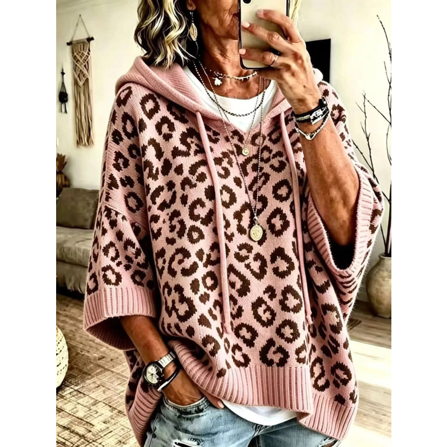 Leopard Print Hooded Knit Sweater Pink / S