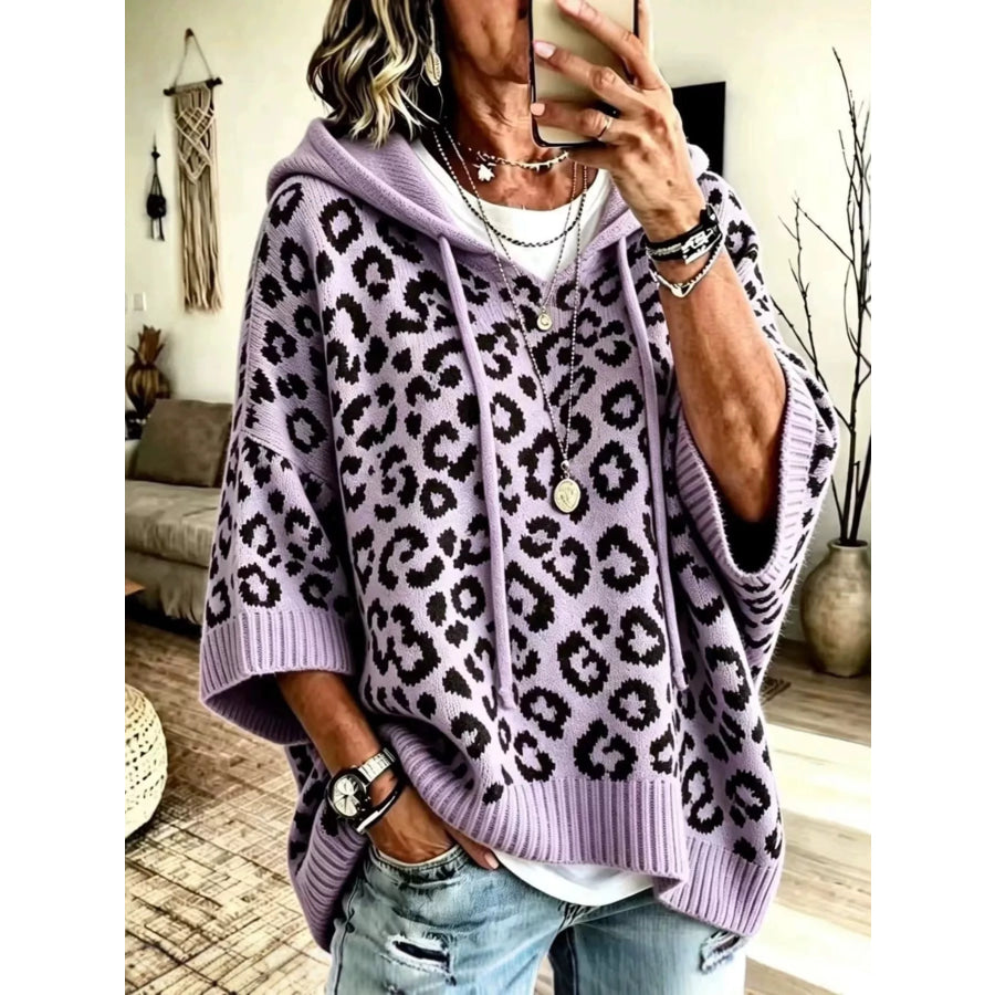 Leopard Print Hooded Knit Sweater Purple / S