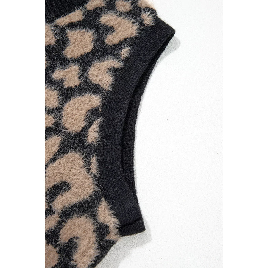 Leopard Print Knit Sleeveless Regular Wash Sweater Vest Apparel and Accessories