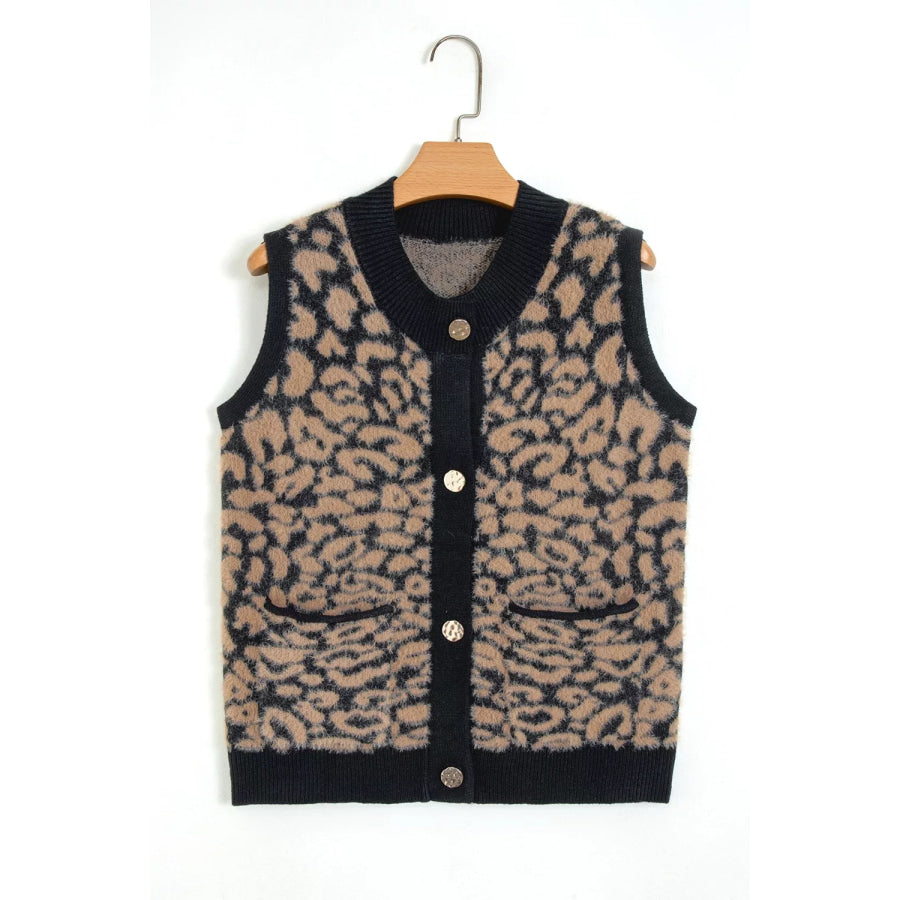 Leopard Print Knit Sleeveless Regular Wash Sweater Vest Apparel and Accessories