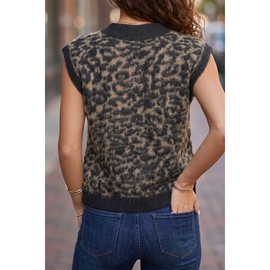 Leopard Print Knit Sleeveless Regular Wash Sweater Vest Coffee Brown / S Apparel and Accessories