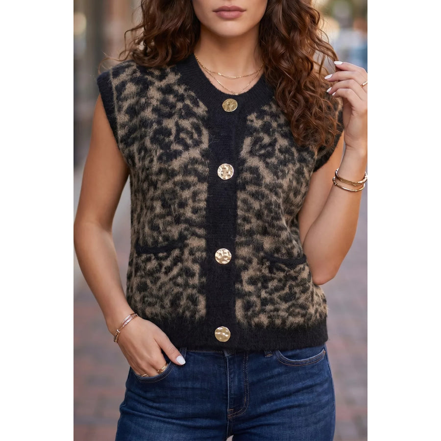 Leopard Print Knit Sleeveless Regular Wash Sweater Vest Coffee Brown / S Apparel and Accessories