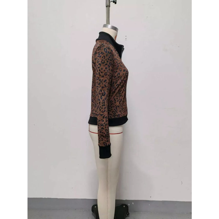 Leopard Print Knit Zip-Up Outerwear Apparel and Accessories