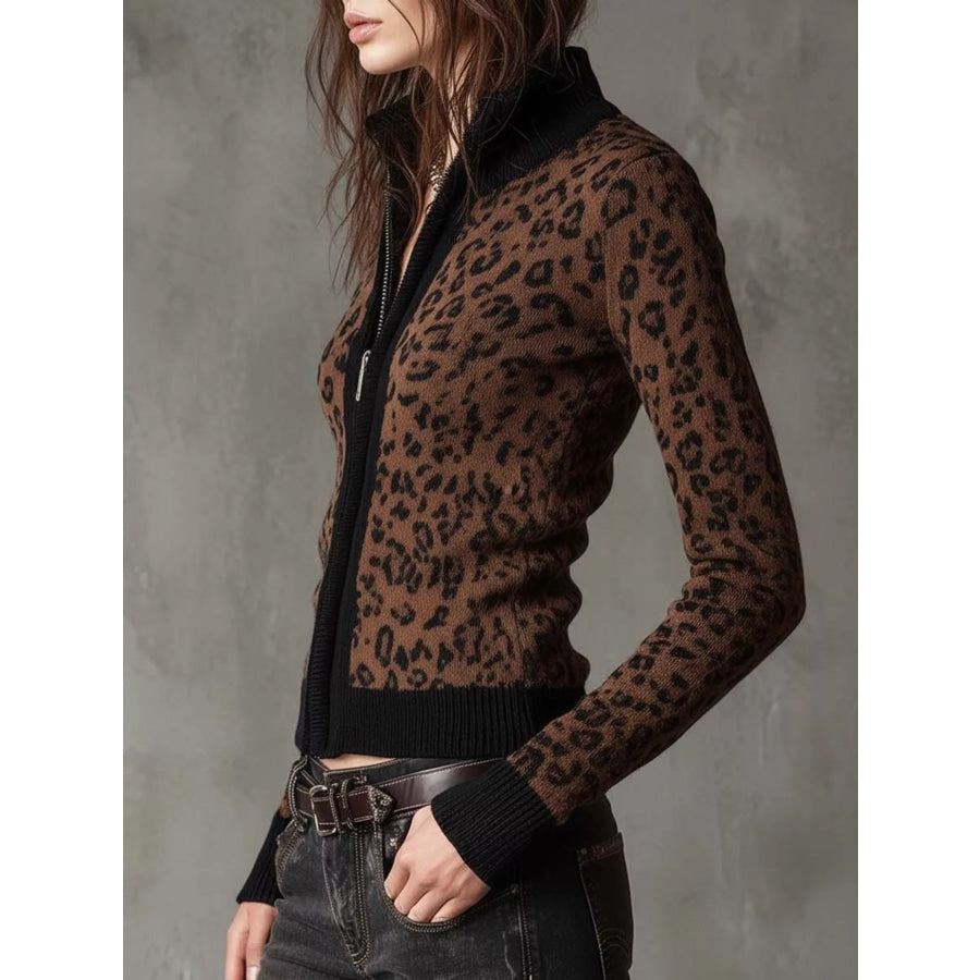 Leopard Print Knit Zip-Up Outerwear Apparel and Accessories