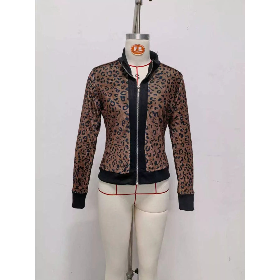 Leopard Print Knit Zip-Up Outerwear Apparel and Accessories
