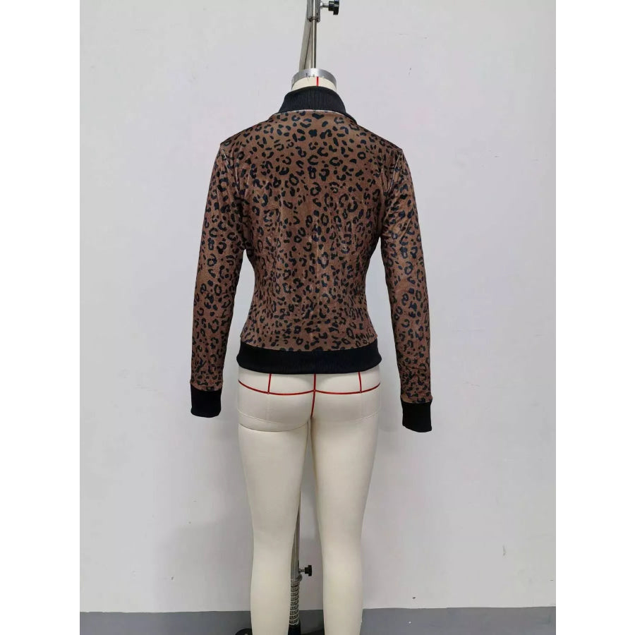 Leopard Print Knit Zip-Up Outerwear Apparel and Accessories
