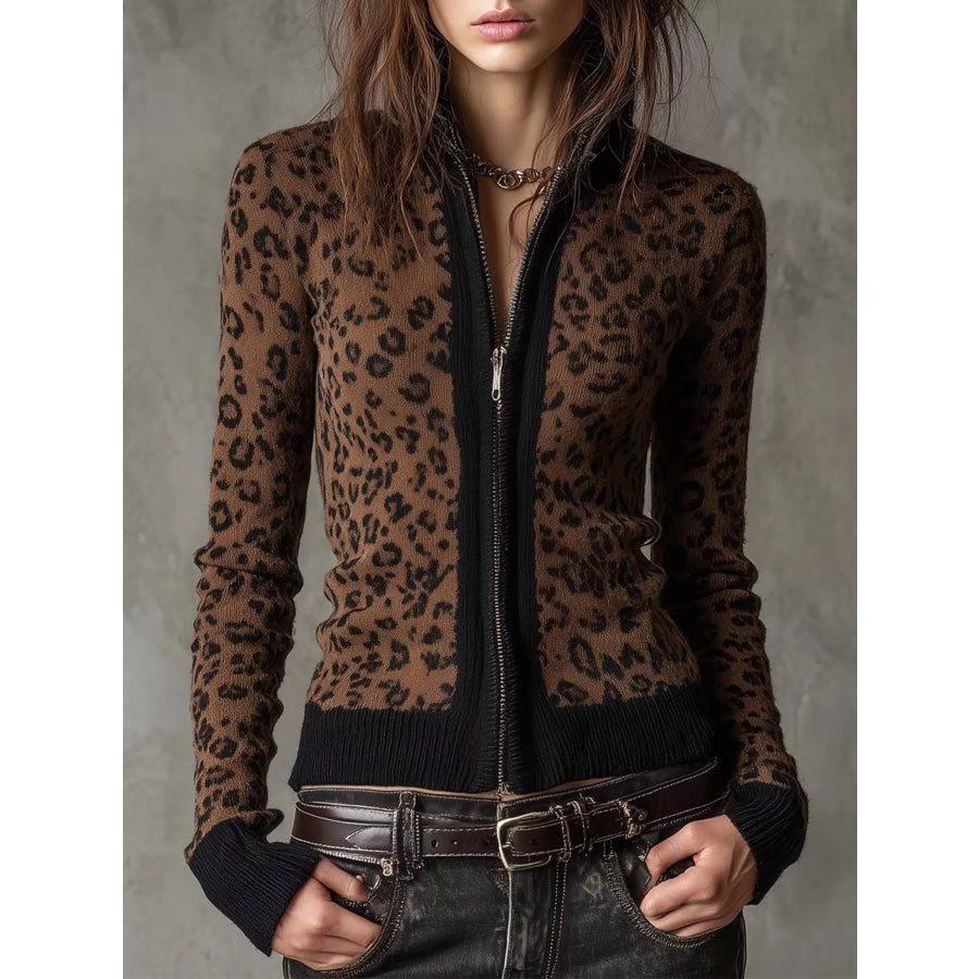 Leopard Print Knit Zip-Up Outerwear Dark Brown / S Apparel and Accessories