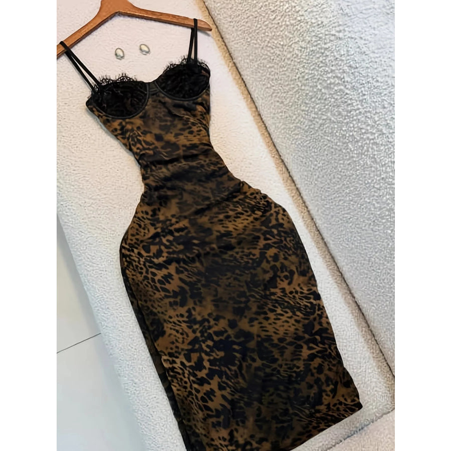 Leopard Print Lace Trim Bodycon Midi Dress Mixed Color / S Apparel and Accessories