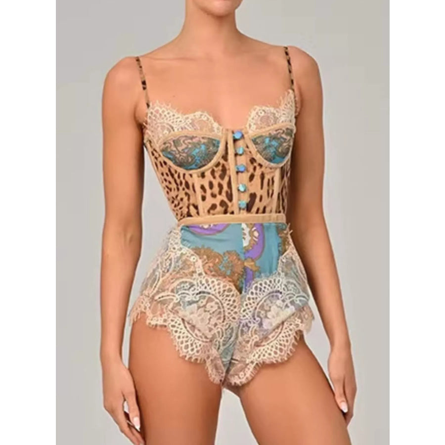 Leopard Print Lace Trim Romper Apparel and Accessories