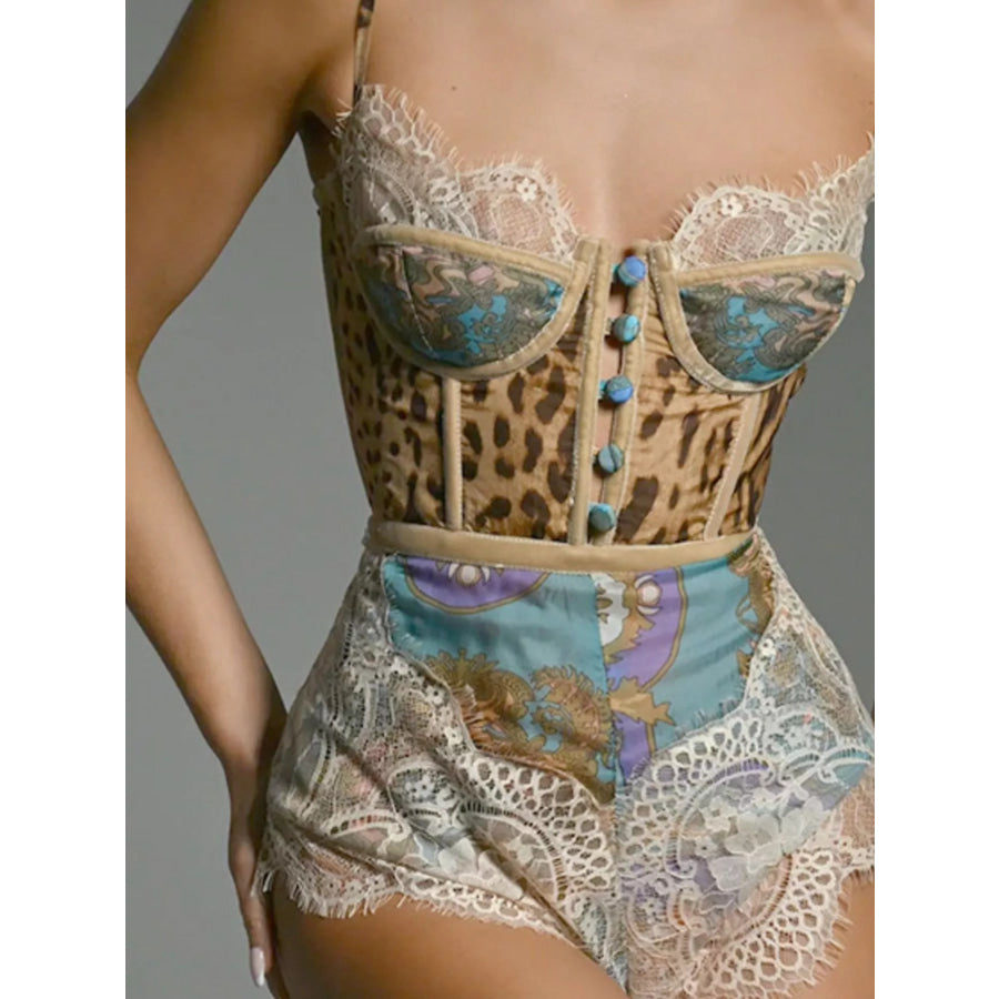 Leopard Print Lace Trim Romper Apparel and Accessories