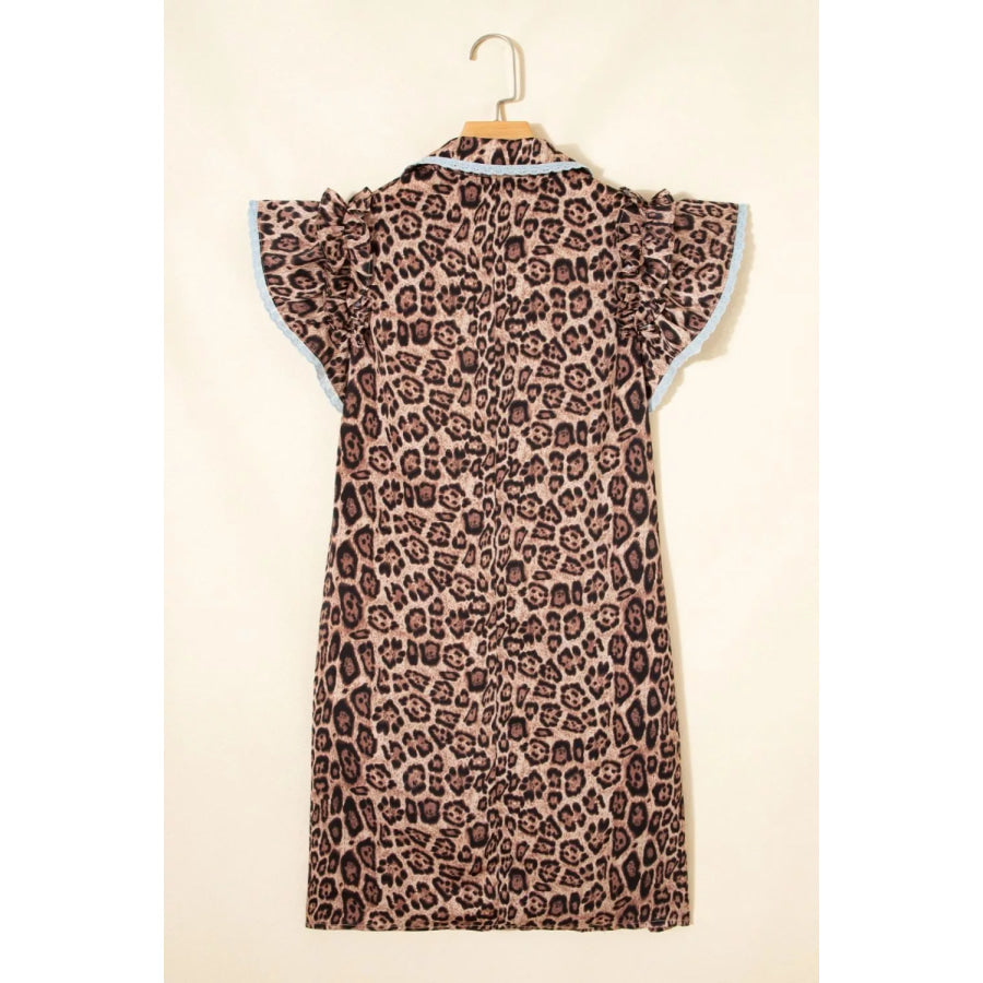 Leopard Print Lace Trim Shirt Collar Button Down Loose Mini Dress Apparel and Accessories