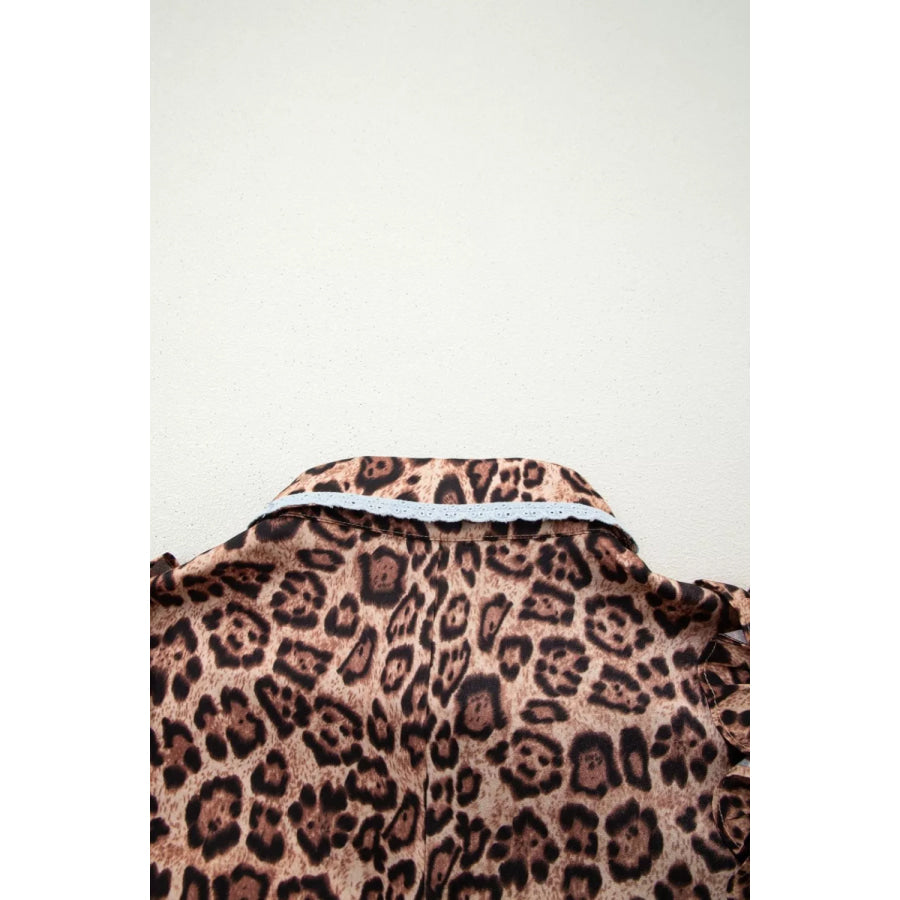 Leopard Print Lace Trim Shirt Collar Button Down Loose Mini Dress Apparel and Accessories