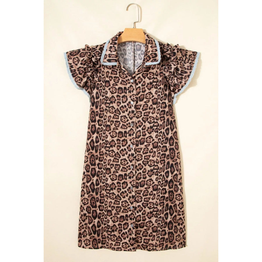 Leopard Print Lace Trim Shirt Collar Button Down Loose Mini Dress Apparel and Accessories