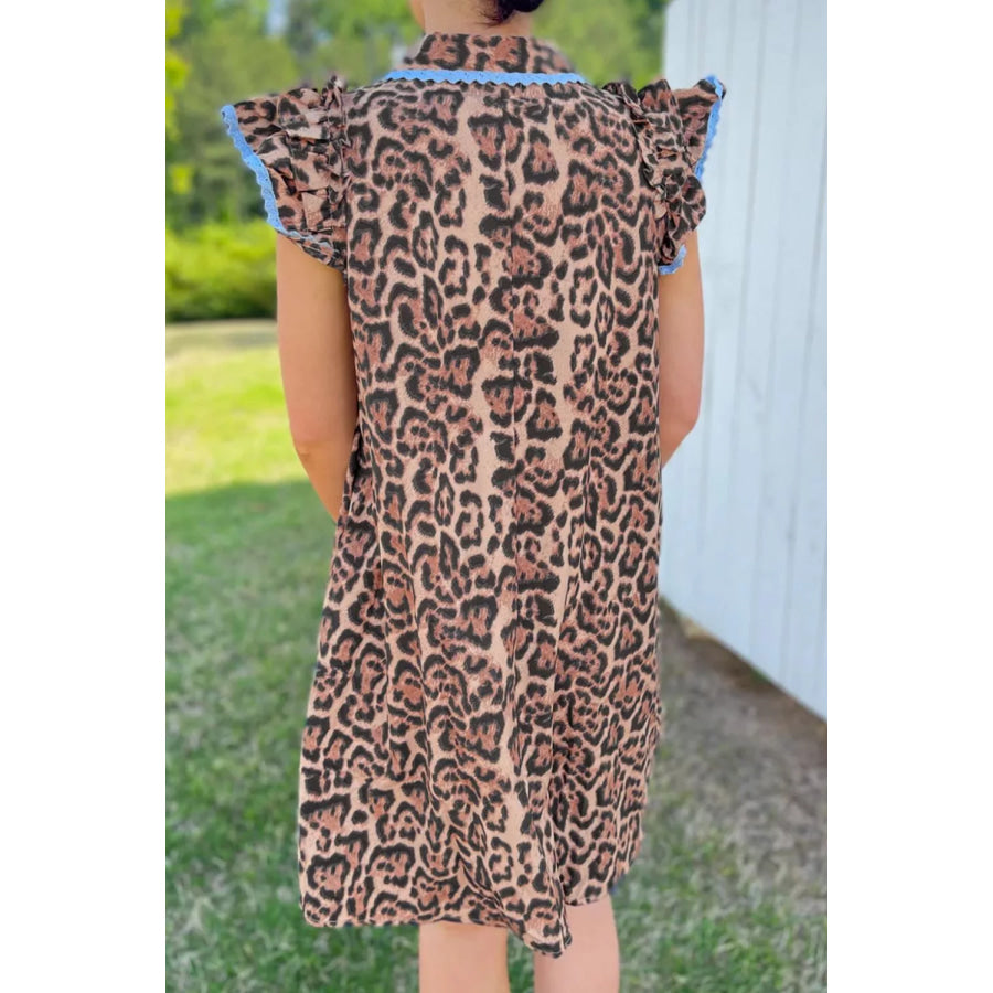 Leopard Print Lace Trim Shirt Collar Button Down Loose Mini Dress Apparel and Accessories